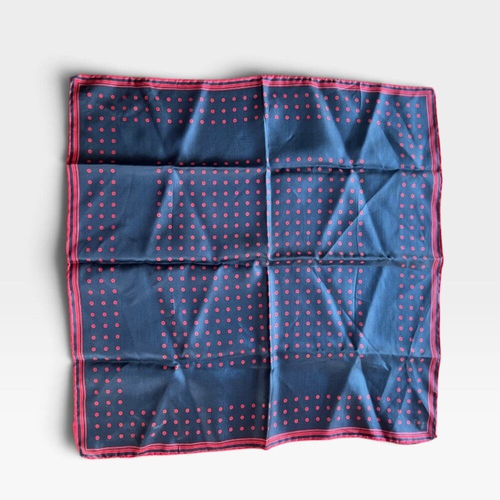 Vintage Ashear All Silk Pocket Square Made in Italy Hand Rolled Navy Pink Dot